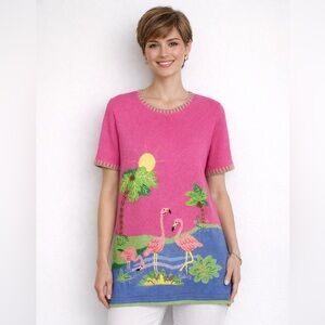 Quacker Factory Flamingo Tunic Sweater S Pink Palm Tree Beaded Hong Kong